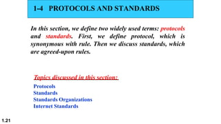 1-4 PROTOCOLS AND STANDARDS
In this section, we define two widely used terms: protocols
and standards. First, we define protocol, which is
synonymous with rule. Then we discuss standards, which
are agreed-upon rules.
Topics discussed in this section:
Protocols
Standards
Standards Organizations
Internet Standards
1.21
 