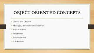 OBJECT ORIENTED CONCEPTS
• Classes and Objects
• Messages, Attributes and Methods
• Encapsulation
• Inheritance
• Polymorphism
• Abstraction
 