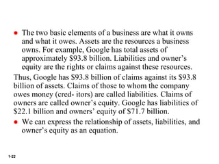 1-22
 The two basic elements of a business are what it owns
and what it owes. Assets are the resources a business
owns. For example, Google has total assets of
approximately $93.8 billion. Liabilities and owner’s
equity are the rights or claims against these resources.
Thus, Google has $93.8 billion of claims against its $93.8
billion of assets. Claims of those to whom the company
owes money (cred- itors) are called liabilities. Claims of
owners are called owner’s equity. Google has liabilities of
$22.1 billion and owners’ equity of $71.7 billion.
 We can express the relationship of assets, liabilities, and
owner’s equity as an equation.
 