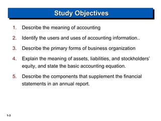 1-3
1. Describe the meaning of accounting
2. Identify the users and uses of accounting information..
3. Describe the primary forms of business organization
4. Explain the meaning of assets, liabilities, and stockholders’
equity, and state the basic accounting equation.
5. Describe the components that supplement the financial
statements in an annual report.
Study Objectives
 