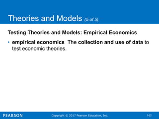 Copyright © 2017 Pearson Education, Inc. 1-22
Theories and Models (5 of 5)
Testing Theories and Models: Empirical Economics
• empirical economics The collection and use of data to
test economic theories.
 