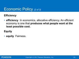 Copyright © 2017 Pearson Education, Inc. 1-24
Economic Policy (2 of 3)
Efficiency
• efficiency In economics, allocative efficiency. An efficient
economy is one that produces what people want at the
least possible cost.
Equity
• equity Fairness.
 