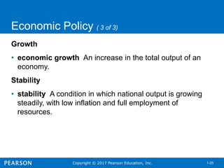 Copyright © 2017 Pearson Education, Inc. 1-25
Economic Policy ( 3 of 3)
Growth
• economic growth An increase in the total output of an
economy.
Stability
• stability A condition in which national output is growing
steadily, with low inflation and full employment of
resources.
 