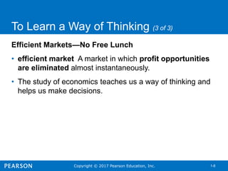 Copyright © 2017 Pearson Education, Inc. 1-8
To Learn a Way of Thinking (3 of 3)
Efficient Markets—No Free Lunch
• efficient market A market in which profit opportunities
are eliminated almost instantaneously.
• The study of economics teaches us a way of thinking and
helps us make decisions.
 