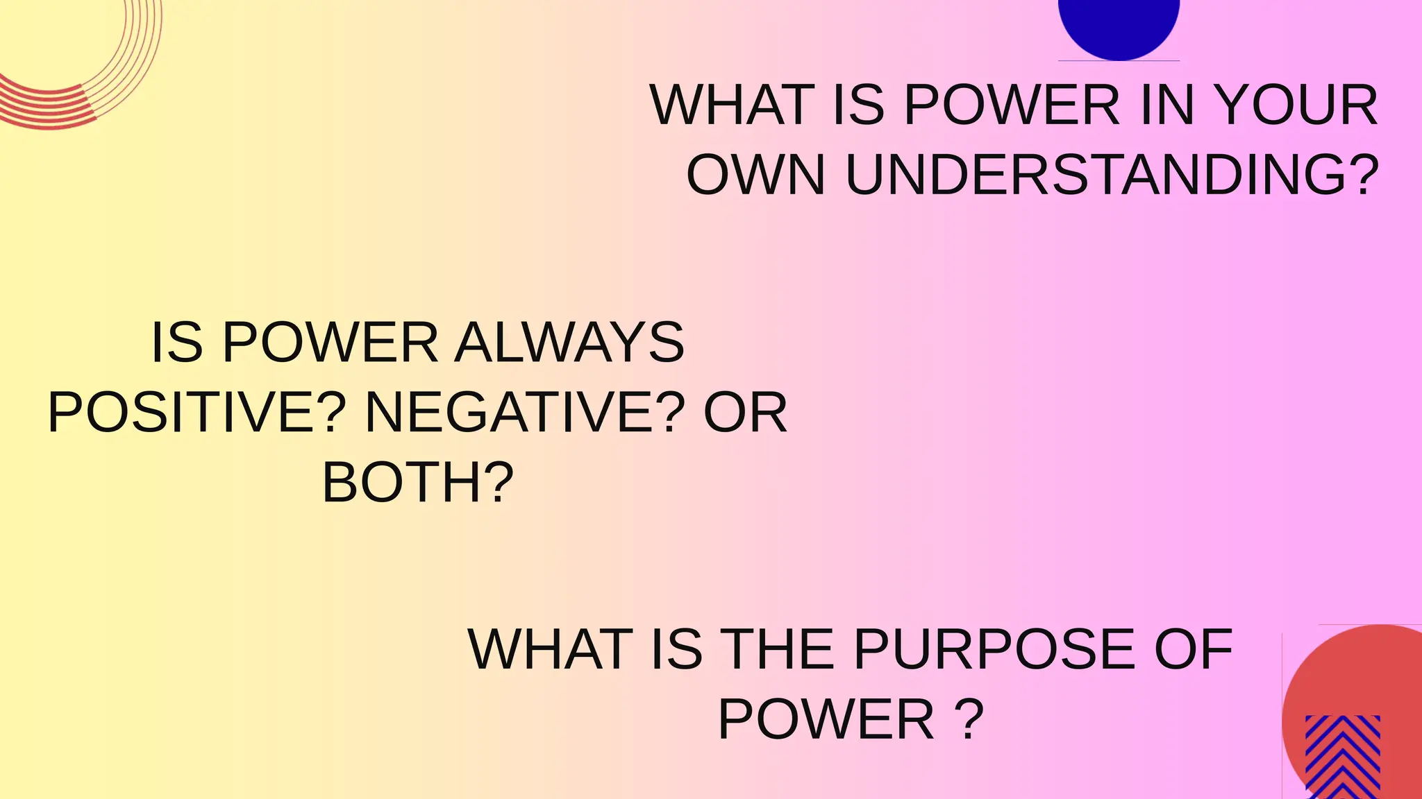 WHAT IS POWER IN YOUR
OWN UNDERSTANDING?
IS POWER ALWAYS
POSITIVE? NEGATIVE? OR
BOTH?
WHAT IS THE PURPOSE OF
POWER ?
 