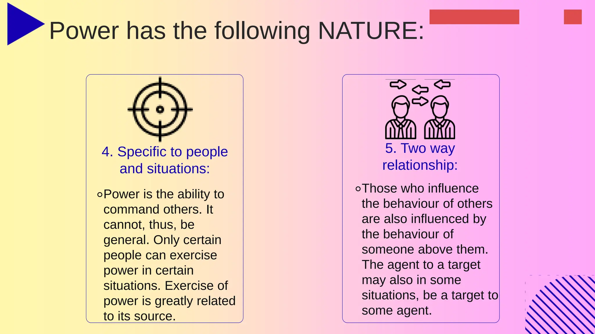 Power has the following NATURE:
4. Specific to people
and situations:
⚬Power is the ability to
command others. It
cannot, thus, be
general. Only certain
people can exercise
power in certain
situations. Exercise of
power is greatly related
to its source.
5. Two way
relationship:
⚬Those who influence
the behaviour of others
are also influenced by
the behaviour of
someone above them.
The agent to a target
may also in some
situations, be a target to
some agent.
 