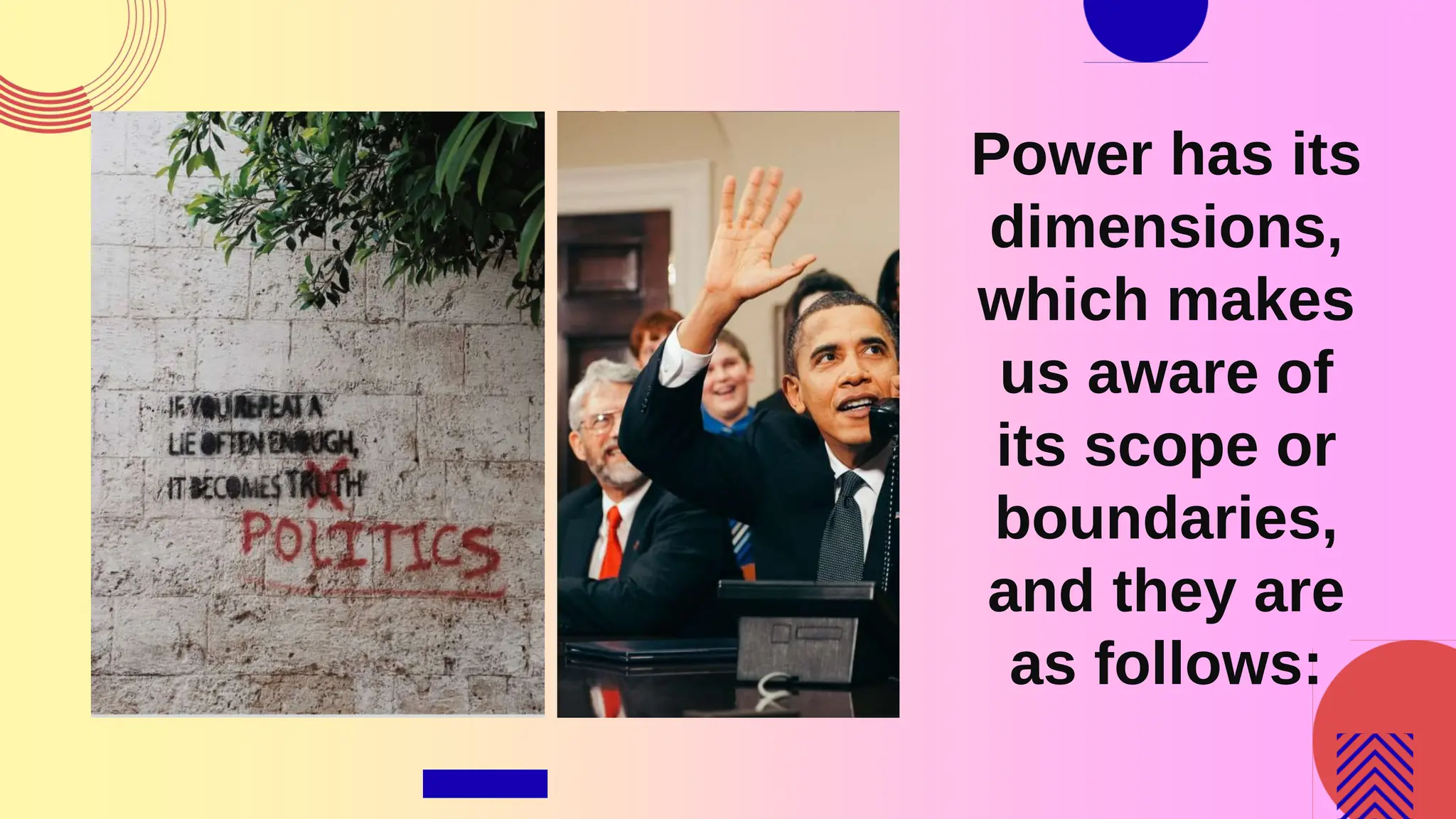 Power has its
dimensions,
which makes
us aware of
its scope or
boundaries,
and they are
as follows:
 