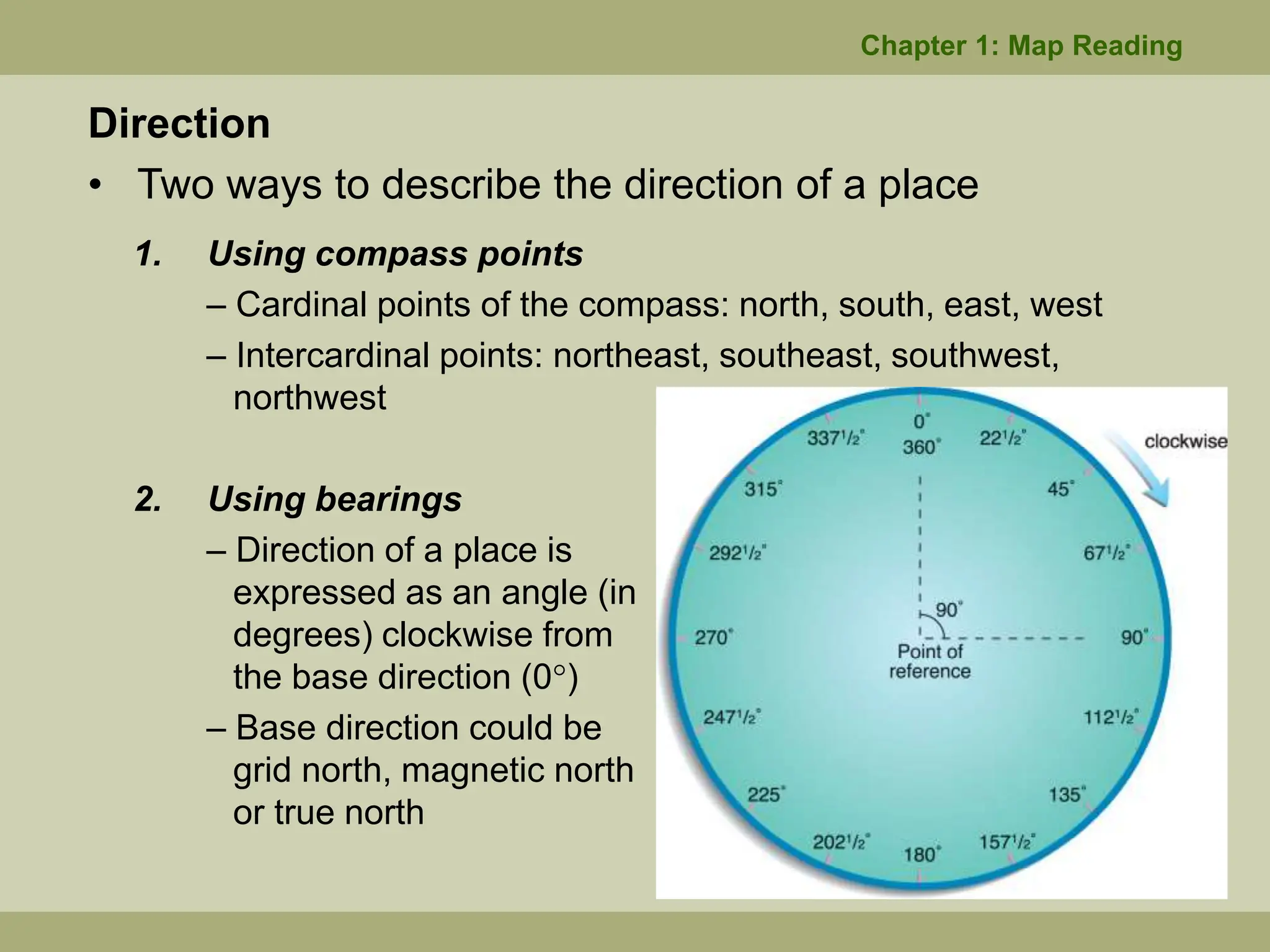 Direction
• Two ways to describe the direction of a place
1. Using compass points
– Cardinal points of the compass: north, south, east, west
– Intercardinal points: northeast, southeast, southwest,
northwest
2. Using bearings
– Direction of a place is
expressed as an angle (in
degrees) clockwise from
the base direction (0)
– Base direction could be
grid north, magnetic north
or true north
Chapter 1: Map Reading
 