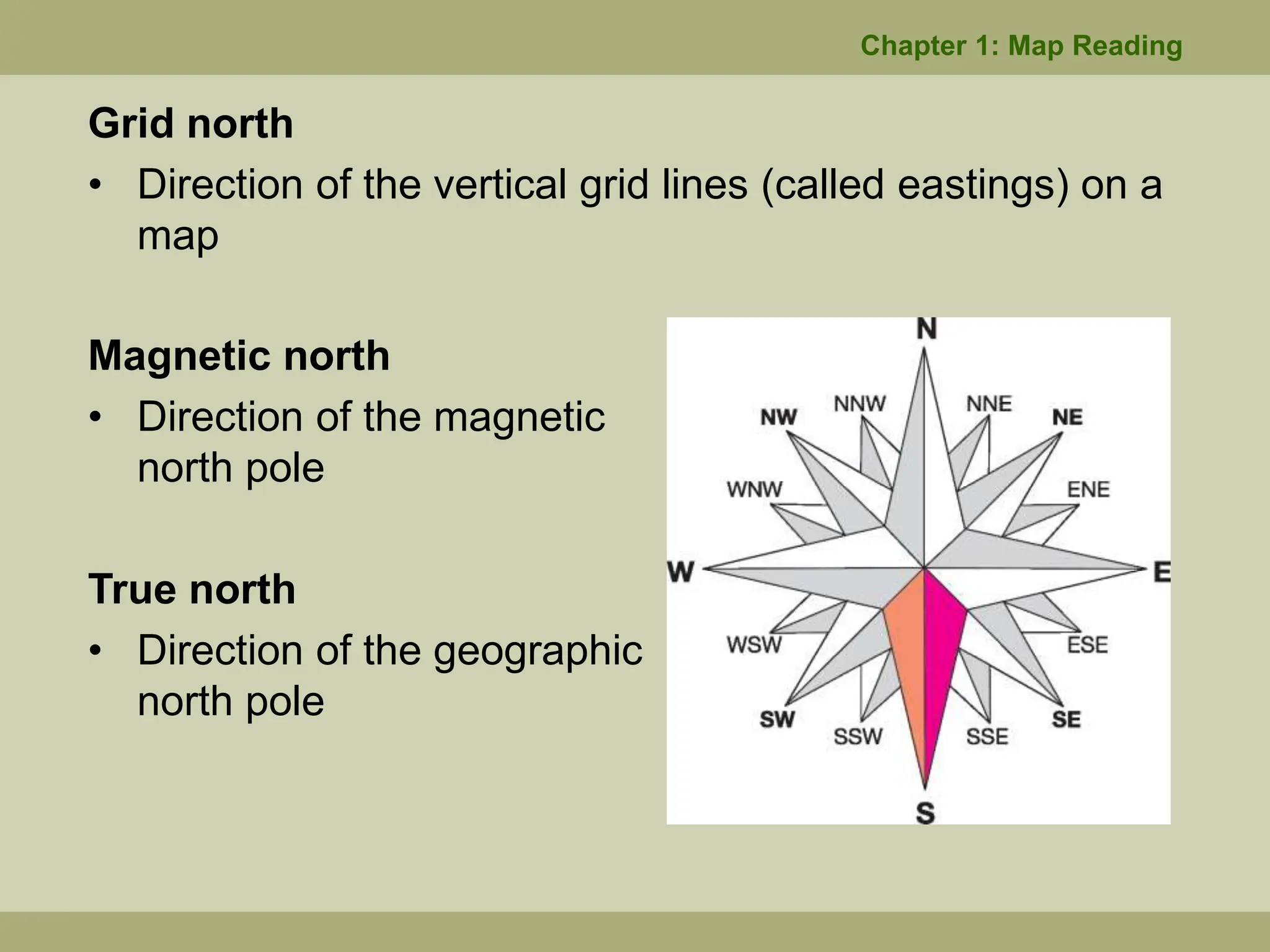 Grid north
• Direction of the vertical grid lines (called eastings) on a
map
Magnetic north
• Direction of the magnetic
north pole
True north
• Direction of the geographic
north pole
Chapter 1: Map Reading
 