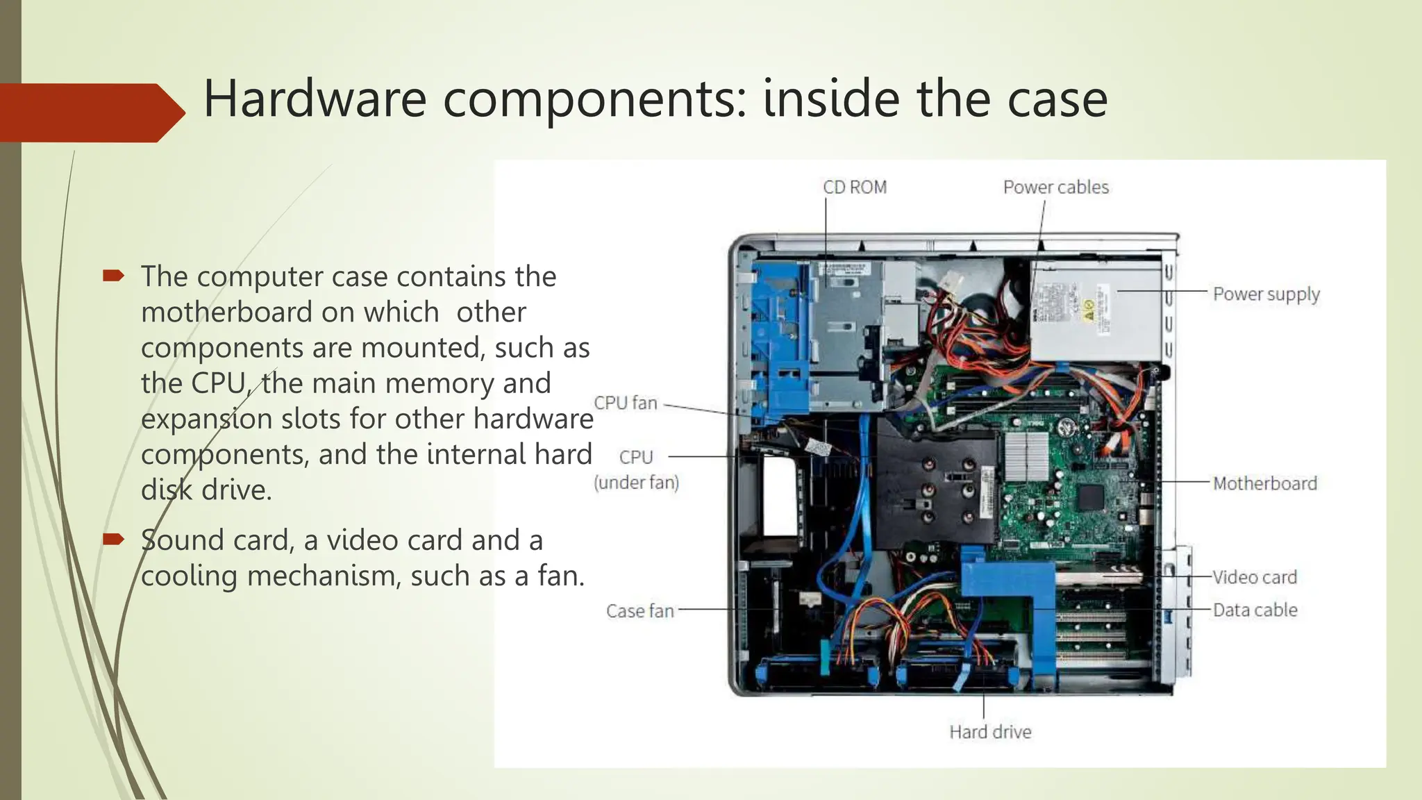 Hardware components: inside the case
 The computer case contains the
motherboard on which other
components are mounted, such as
the CPU, the main memory and
expansion slots for other hardware
components, and the internal hard
disk drive.
 Sound card, a video card and a
cooling mechanism, such as a fan.
 