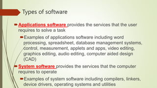 Types of software
Applications software provides the services that the user
requires to solve a task
Examples of applications software including word
processing, spreadsheet, database management systems,
control, measurement, applets and apps, video editing,
graphics editing, audio editing, computer aided design
(CAD)
System software provides the services that the computer
requires to operate
Examples of system software including compilers, linkers,
device drivers, operating systems and utilities
 