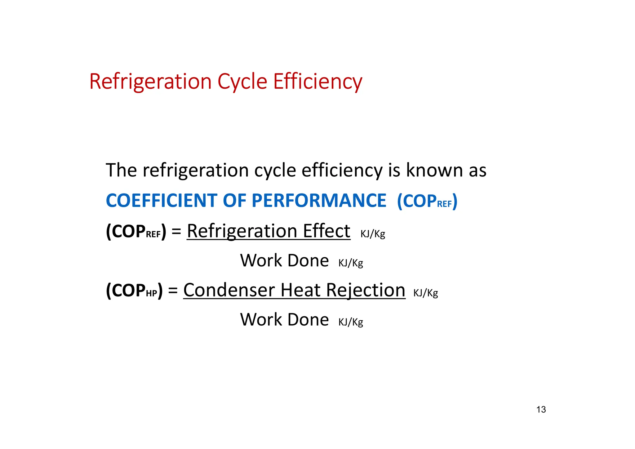 Refrigeration Cycle Efficiency
The refrigeration cycle efficiency is known as
COEFFICIENT OF PERFORMANCE (COPREF)
(COPREF) = Refrigeration Effect KJ/Kg
Work Done KJ/Kg
(COPHP) = Condenser Heat Rejection KJ/Kg
Work Done KJ/Kg
13
 