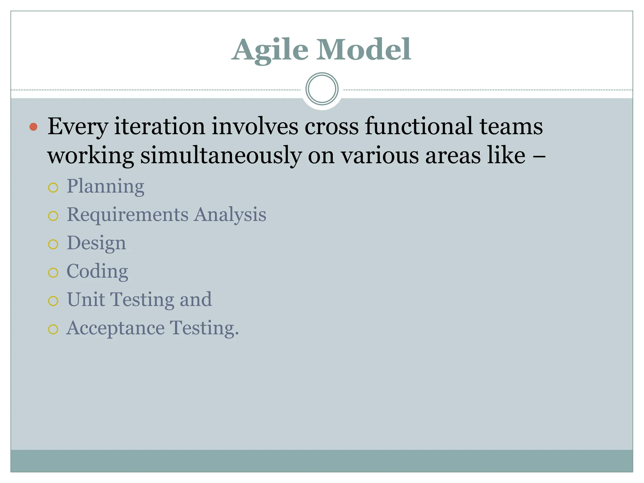 Agile Model
 Every iteration involves cross functional teams
working simultaneously on various areas like −
 Planning
 Requirements Analysis
 Design
 Coding
 Unit Testing and
 Acceptance Testing.
 