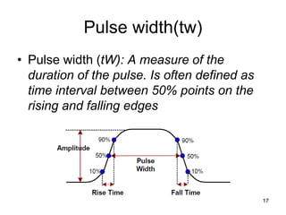 Pulse width(tw)
• Pulse width (tW): A measure of the
duration of the pulse. Is often defined as
time interval between 50% points on the
rising and falling edges
17
 