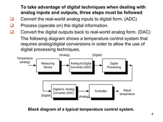 To take advantage of digital techniques when dealing with
analog inputs and outputs, three steps must be followed:
 Convert the real-world analog inputs to digital form. (ADC)
 Process (operate on) the digital information.
 Convert the digital outputs back to real-world analog form. (DAC)
The following diagram shows a temperature control system that
requires analog/digital conversions in order to allow the use of
digital processing techniques.
Measuring
Device
Analog-to-Digital
Converter (ADC)
Digital
Processing
Digital-to- Analog
Converter (DAC)
Controller
Temperature
(analog)
(Analog) (Digital)
(Digital) (Analog)
Adjust
temperature
Block diagram of a typical temperature control system.
4
 