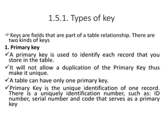 1.5.1. Types of key
Keys are fields that are part of a table relationship. There are
two kinds of keys
1. Primary key
A primary key is used to identify each record that you
store in the table.
It will not allow a duplication of the Primary Key thus
make it unique.
A table can have only one primary key.
Primary Key is the unique identification of one record.
There is a uniquely identification number, such as: ID
number, serial number and code that serves as a primary
key
 