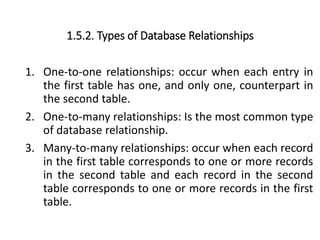 1.5.2. Types of Database Relationships
1. One-to-one relationships: occur when each entry in
the first table has one, and only one, counterpart in
the second table.
2. One-to-many relationships: Is the most common type
of database relationship.
3. Many-to-many relationships: occur when each record
in the first table corresponds to one or more records
in the second table and each record in the second
table corresponds to one or more records in the first
table.
 