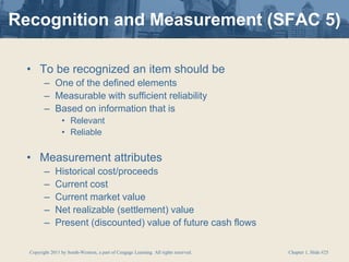 Copyright 2011 by South-Western, a part of Cengage Learning. All rights reserved. Chapter 1, Slide #25
Recognition and Measurement (SFAC 5)
• To be recognized an item should be
– One of the defined elements
– Measurable with sufficient reliability
– Based on information that is
• Relevant
• Reliable
• Measurement attributes
– Historical cost/proceeds
– Current cost
– Current market value
– Net realizable (settlement) value
– Present (discounted) value of future cash flows
 