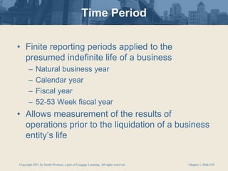 Copyright 2011 by South-Western, a part of Cengage Learning. All rights reserved. Chapter 1, Slide #29
Time Period
• Finite reporting periods applied to the
presumed indefinite life of a business
– Natural business year
– Calendar year
– Fiscal year
– 52-53 Week fiscal year
• Allows measurement of the results of
operations prior to the liquidation of a business
entity’s life
 