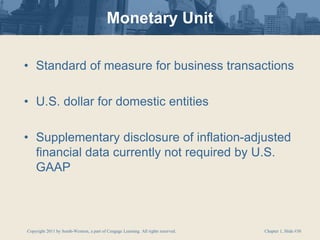 Copyright 2011 by South-Western, a part of Cengage Learning. All rights reserved. Chapter 1, Slide #30
Monetary Unit
• Standard of measure for business transactions
• U.S. dollar for domestic entities
• Supplementary disclosure of inflation-adjusted
financial data currently not required by U.S.
GAAP
 