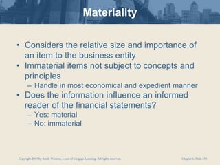 Copyright 2011 by South-Western, a part of Cengage Learning. All rights reserved. Chapter 1, Slide #38
Materiality
• Considers the relative size and importance of
an item to the business entity
• Immaterial items not subject to concepts and
principles
– Handle in most economical and expedient manner
• Does the information influence an informed
reader of the financial statements?
– Yes: material
– No: immaterial
 