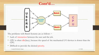Cont’d…
The problems with Batch Systems are as follows −
• Lack of interaction between the user and the job.
• CPU is often idle(lazy), because the speed of the mechanical I/O devices is slower than the
CPU.
• Difficult to provide the desired priority.
6/7/2024
Compiled By:Shambel Adugna
 