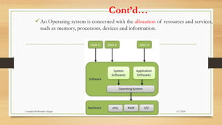 Cont’d…
An Operating system is concerned with the allocation of resources and services,
such as memory, processors, devices and information.
6/7/2024
Compiled By:Shambel Adugna
 