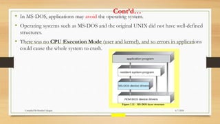 Cont’d…
• In MS-DOS, applications may avoid the operating system.
• Operating systems such as MS-DOS and the original UNIX did not have well-defined
structures.
• There was no CPU Execution Mode (user and kernel), and so errors in applications
could cause the whole system to crash.
6/7/2024
Compiled By:Shambel Adugna
 