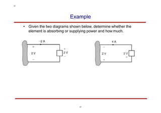 Example
• Given the two diagrams shown below, determine whether the
element is absorbing or supplying power and how much.
27
27
 