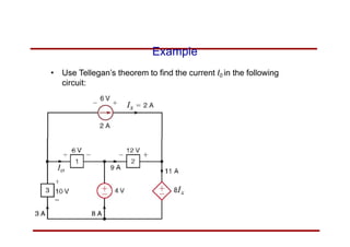 Example
• Use Tellegan’s theorem to find the current I0 in the following
circuit:
 