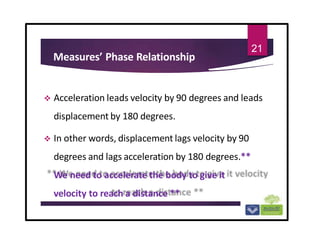 Measures’ Phase Relationship
 Acceleration leads velocity by 90 degrees and leads
displacement by 180 degrees.
 In other words, displacement lags velocity by 90
degrees and lags acceleration by 180 degrees.**
We need to accelerate the body to give it
velocity to reach a distance **
21
 