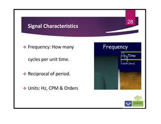 Signal Characteristics
 Frequency: How many
cycles per unit time.
 Reciprocal of period.
 Units: Hz, CPM & Orders
28
 