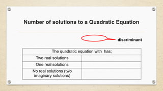 Number of solutions to a Quadratic Equation
The quadratic equation with has;
Two real solutions
One real solutions
No real solutions (two
imaginary solutions)
discriminant
 