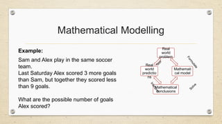 Mathematical Modelling
Example:
Sam and Alex play in the same soccer
team.
Last Saturday Alex scored 3 more goals
than Sam, but together they scored less
than 9 goals.
What are the possible number of goals
Alex scored?
Real
world
problem
Mathemati
cal model
Mathematical
conclusions
Real
world
predictio
ns
F
o
r
m
u
l
a
t
e
Solve
I
n
t
e
r
p
r
e
t
T
e
s
t
 