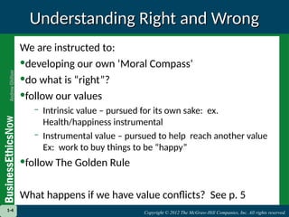 Copyright © 2012 The McGraw-Hill Companies, Inc. All rights reserved.
1-4 Copyright © 2012 The McGraw-Hill Companies, Inc. All rights reserved.
Understanding Right and Wrong
Understanding Right and Wrong
We are instructed to:
•developing our own ‘Moral Compass’
•do what is “right”?
•follow our values
– Intrinsic value – pursued for its own sake: ex.
Health/happiness instrumental
– Instrumental value – pursued to help reach another value
Ex: work to buy things to be “happy”
•follow The Golden Rule
What happens if we have value conflicts? See p. 5
1-4
 