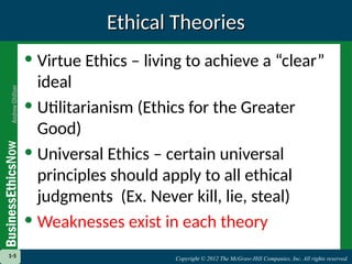 Copyright © 2012 The McGraw-Hill Companies, Inc. All rights reserved.
1-5 Copyright © 2012 The McGraw-Hill Companies, Inc. All rights reserved.
Ethical Theories
Ethical Theories
• Virtue Ethics – living to achieve a “clear”
ideal
• Utilitarianism (Ethics for the Greater
Good)
• Universal Ethics – certain universal
principles should apply to all ethical
judgments (Ex. Never kill, lie, steal)
• Weaknesses exist in each theory
1-5
 