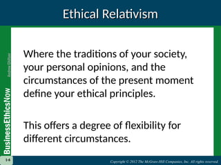 Copyright © 2012 The McGraw-Hill Companies, Inc. All rights reserved.
1-6 Copyright © 2012 The McGraw-Hill Companies, Inc. All rights reserved.
1-6
Ethical Relativism
Ethical Relativism
Where the traditions of your society,
your personal opinions, and the
circumstances of the present moment
define your ethical principles.
This offers a degree of flexibility for
different circumstances.
 