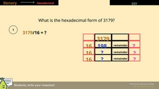 DIY
What is the hexadecimal form of 3179?
Denary Hexadecimal DIY
3179
16
16
198 remainder
?
? ?
remainder
16 ? remainder
?
3179/16 = ?
 
