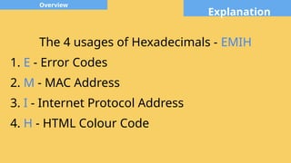 Explanation
Overview
The 4 usages of Hexadecimals - EMIH
1. E - Error Codes
2. M - MAC Address
3. I - Internet Protocol Address
4. H - HTML Colour Code
 