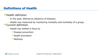 Copyright © 2021 Wolters Kluwer • All Rights Reserved
Definitions of Health
Health definition
o In the past, defined as (Absence of disease)
o Health was measured by monitoring mortality and morbidity of a group.
Current definition
o Health has shifted in focus to
 Disease prevention
 Health promotion
 Wellness
 