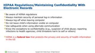 Copyright © 2021 Wolters Kluwer • All Rights Reserved
HIPAA Regulations/Maintaining Confidentiality With
Electronic Records
Be aware of HIPAA regulations
Always maintain security of personal log-in information
Always log-off when leaving computer
Do not leave child’s information visible on computer
Use safeguards when using alternate communication
Know the exceptions to confidentiality (e.g., suspicion of child abuse; reporting
infections to health agencies; child threatens harm to self or others)
HIPAA is a federal law that protects the privacy and security of health information
in the US
 