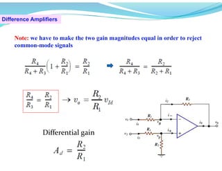 Difference Amplifiers
Note: we have to make the two gain magnitudes equal in order to reject
common-mode signals
Differential gain
 