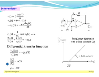 Differentiator
Operational Amplifier Slide 47
𝑖(𝑡) = 𝐶
𝑑𝑣 (𝑡)
𝑑𝑡
𝑣 (𝑡) = 0 − 𝑖(𝑡)𝑅
→ 𝑣 (𝑡) = −𝑅𝐶
𝑑𝑣 (𝑡)
𝑑𝑡
𝑧 𝑠 =
1
𝑠𝐶
𝑎𝑛𝑑 𝑧 𝑠 = 𝑅
𝑉 (𝑠)
𝑉 (𝑠)
=
𝑧 (𝑠)
𝑧 (𝑠)
= −𝑠𝐶𝑅
Differential transfer function
Frequency response
with a time-constant CR
 