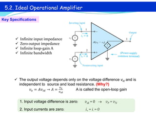 5.2. Ideal Operational Amplifier
1. Input voltage difference is zero: vid = 0  vP = vN
2. Input currents are zero: i+ = i- = 0
Key Specifications
 Infinite input impedance
 Zero output impedance
 Infinite loop-gain A
 Infinite bandwidth
 The output voltage depends only on the voltage difference vid and is
independent to source and load resistance. (Why?)
𝑣 = 𝐴𝑣 → 𝐴 = A is called the open-loop gain
 