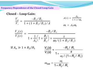 Frequency Dependence of the Closed-Loop Gain
Closed – Loop Gain:
If 𝐴 ≫ 1 + 𝑅 𝑅
⁄
 
2 1
2 1
3dB
2 1
( ) /
( ) 1
/ 1 /
1 /
o
i
t
t
V s R R
s
V s
R R
R R









 