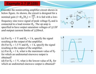 Example 2.7 (P.103)
Consider the noninverting amplifier circuit shown in
below figure. As shown, the circuit is designed for a
nominal gain (1+𝑅 𝑅 ) = . It is fed with a low-
frequency sine-wave signal of peak voltage 𝑉 and is
connected to a load resistor 𝑅 . The op amp is
specified to have output saturation voltages of ±13𝑉
and output current limits of ±20𝑚𝐴.
(a) For 𝑉 1 V and 𝑅 1 kspecify the signal
resulting at the output of the amplifier.
(b) For 𝑉 1.5 V and 𝑅 1 k, specify the signal
resulting at the output of the amplifier.
(c) For 𝑅 1 k, what is the maximum value of 𝑉
for which an undistorted sinewave output is
obtained?
(d) For 𝑉 1 V, what is the lowest value of 𝑅 for
which an undistorted sinewave output is obtained?
 