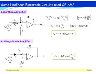 Some Nonlinear Electronic Circuits used OP-AMP
Logarithmic Amplifier
Anti-logarithmic Amplifier
Operational Amplifier Slide 66
 