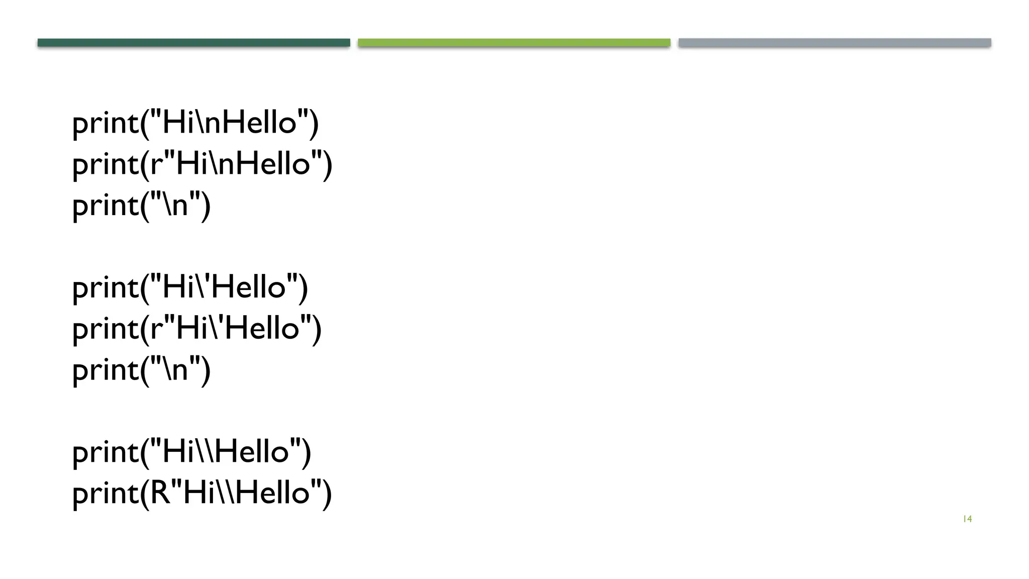 14 print("HinHello") print(r"HinHello") print("n") print("Hi'Hello") print(r"Hi'Hello") print("n") print("HiHello") print(R"HiHello") 