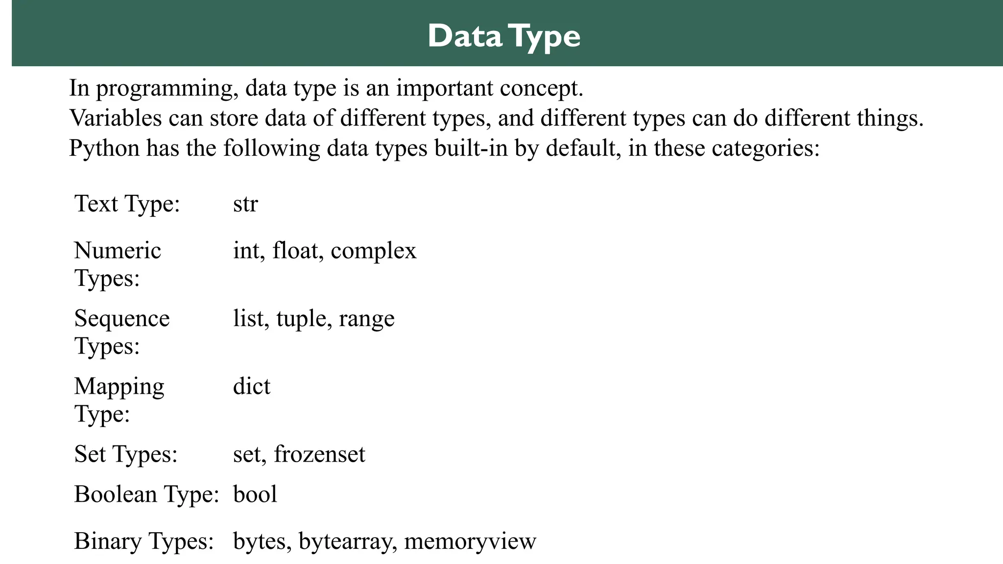 23 Text Type: str Numeric Types: int, float, complex Sequence Types: list, tuple, range Mapping Type: dict Set Types: set, frozenset Boolean Type: bool Binary Types: bytes, bytearray, memoryview In programming, data type is an important concept. Variables can store data of different types, and different types can do different things. Python has the following data types built-in by default, in these categories: DataType 