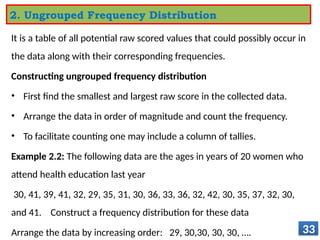 It is a table of all potential raw scored values that could possibly occur in
the data along with their corresponding frequencies.
Constructing ungrouped frequency distribution
• First find the smallest and largest raw score in the collected data.
• Arrange the data in order of magnitude and count the frequency.
• To facilitate counting one may include a column of tallies.
Example 2.2: The following data are the ages in years of 20 women who
attend health education last year
30, 41, 39, 41, 32, 29, 35, 31, 30, 36, 33, 36, 32, 42, 30, 35, 37, 32, 30,
and 41. Construct a frequency distribution for these data
Arrange the data by increasing order: 29, 30,30, 30, 30, …. 33
2. Ungrouped Frequency Distribution
 
